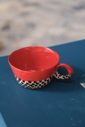 Gri Seramik - Yılbaşı Kırmızı Benekli Double Türk Kahvesi Fincanı